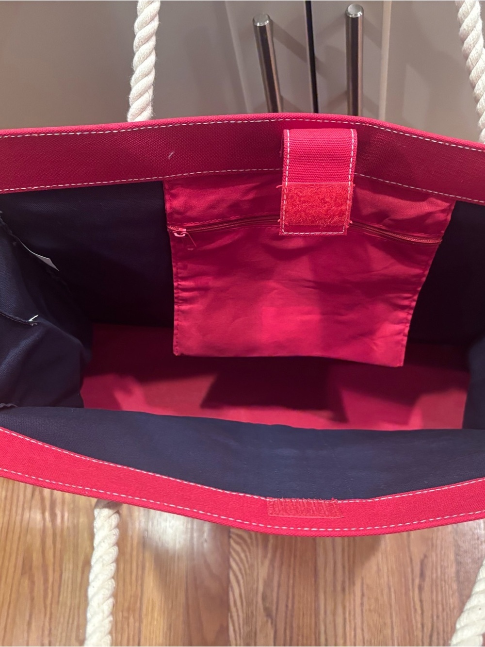 Large Navy Canvas Tote Bag Red Stripe Rope Handles Beach Travel Carryall - Picture 5 of 9
